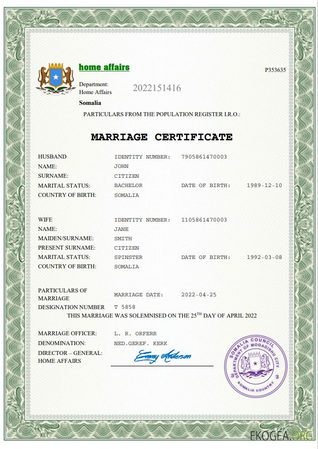 Modèle Word et PDF de certificat de mariage en Somalie